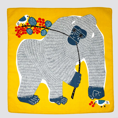 Animal Furoshiki - Gorilla depicts the animal gently carrying a twig that holds a small bird picking fruits.