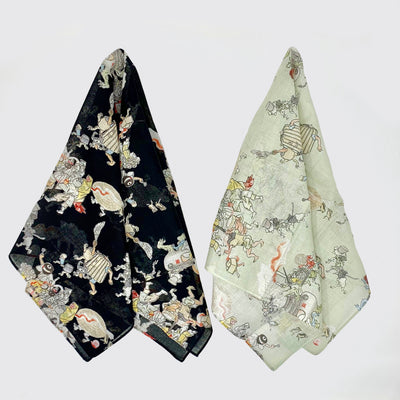 Light bandanas - yokai parade pulled in the center and splayed: black (left) and green (right).
