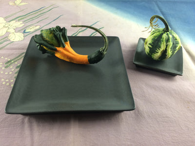 A large square plate (left) with a dark green and orange long gourd, and a small square plate with a green striped round gourd.