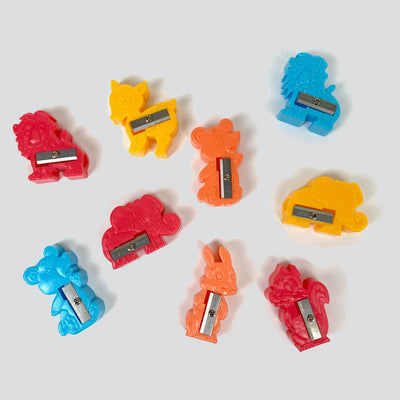 Retro animal pencil sharpeners by NJK: yellow dear, elephant, orange bear, rabbit, red lion, elephant, squirrel, blue bear, lion.