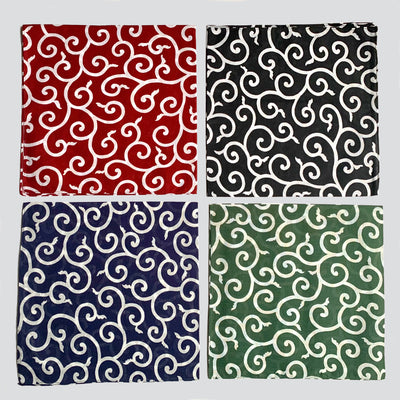 All 4 colors of karakusa bandana. Clockwise from top left: red, black, green, navy.