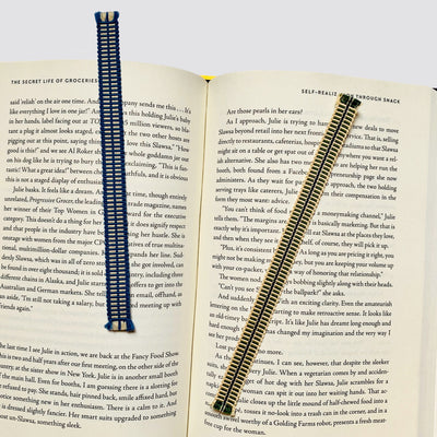 Sanada himo bookmarks resting on pages of a book: blue (left), beige (right).